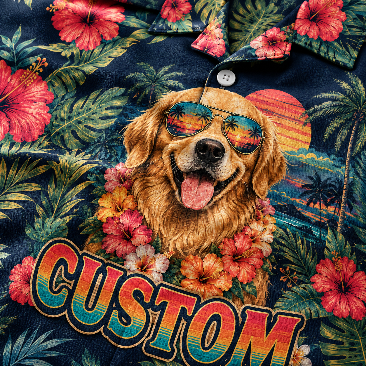 Custom Dog & Text Tropical Sunset Hawaiian Shirt — Personalized Hibiscus Aloha