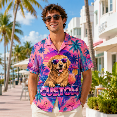 Custom Dog & Text Miami Vice Hawaiian Shirt — Personalized 80s Retro Vaporwave Aloha