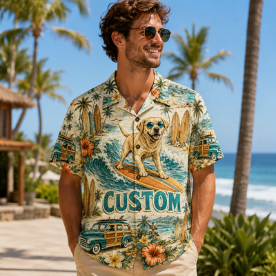 Custom Dog & Text Vintage Surf Hawaiian Shirt — Personalized Retro Beach Aloha