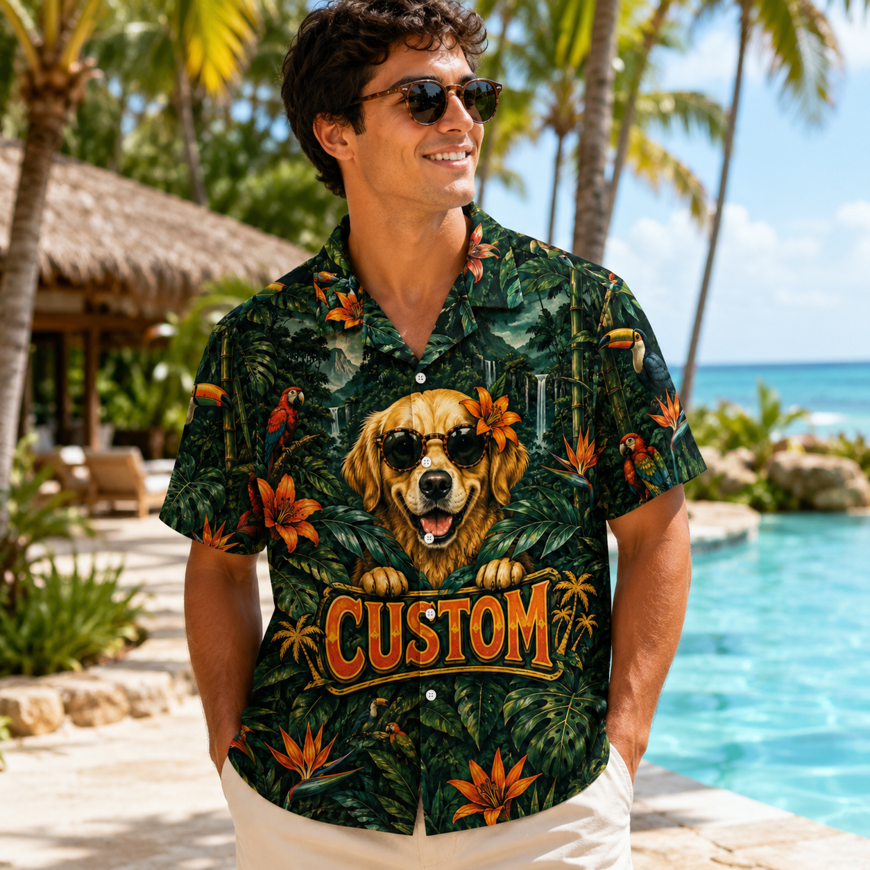 Custom Dog & Text Jungle Adventure Hawaiian Shirt — Personalized Tropical Rainforest Aloha