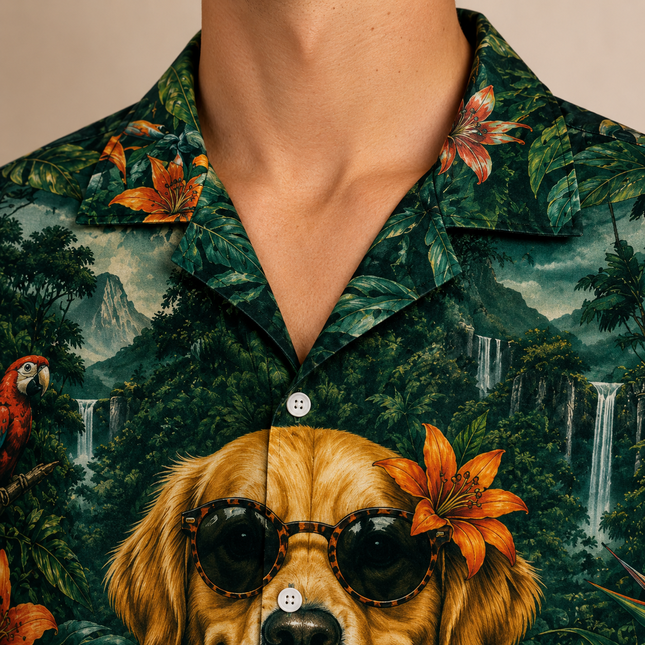 Custom Dog & Text Jungle Adventure Hawaiian Shirt — Personalized Tropical Rainforest Aloha