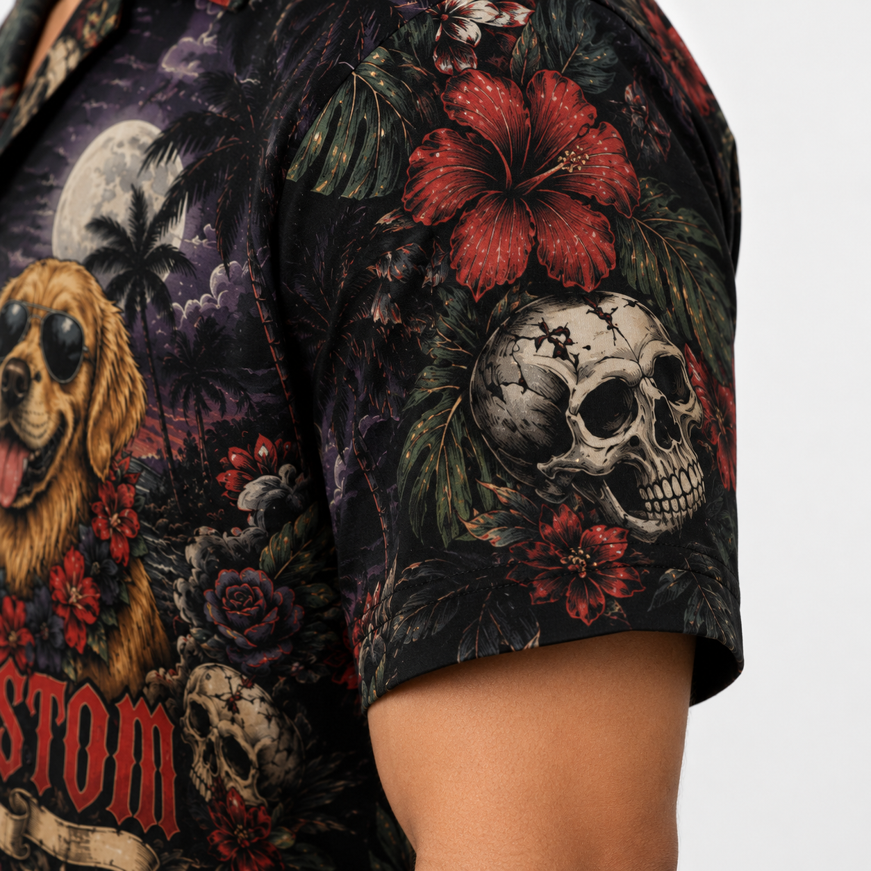 Custom Dog & Text Gothic Tropical Hawaiian Shirt — Personalized Skull Moonlight Dark Aloha