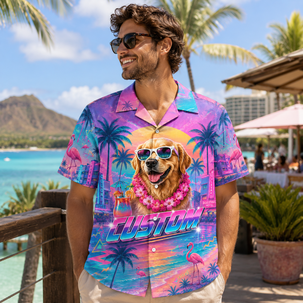 Custom Dog & Text Miami Beach Hawaiian Shirt — Personalized 80s Synthwave Flamingo Aloha