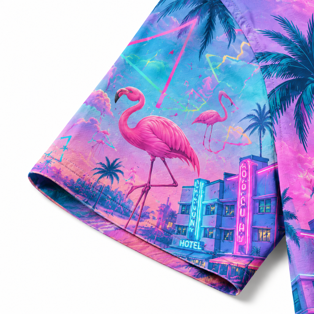 Custom Dog & Text Miami Beach Hawaiian Shirt — Personalized 80s Synthwave Flamingo Aloha