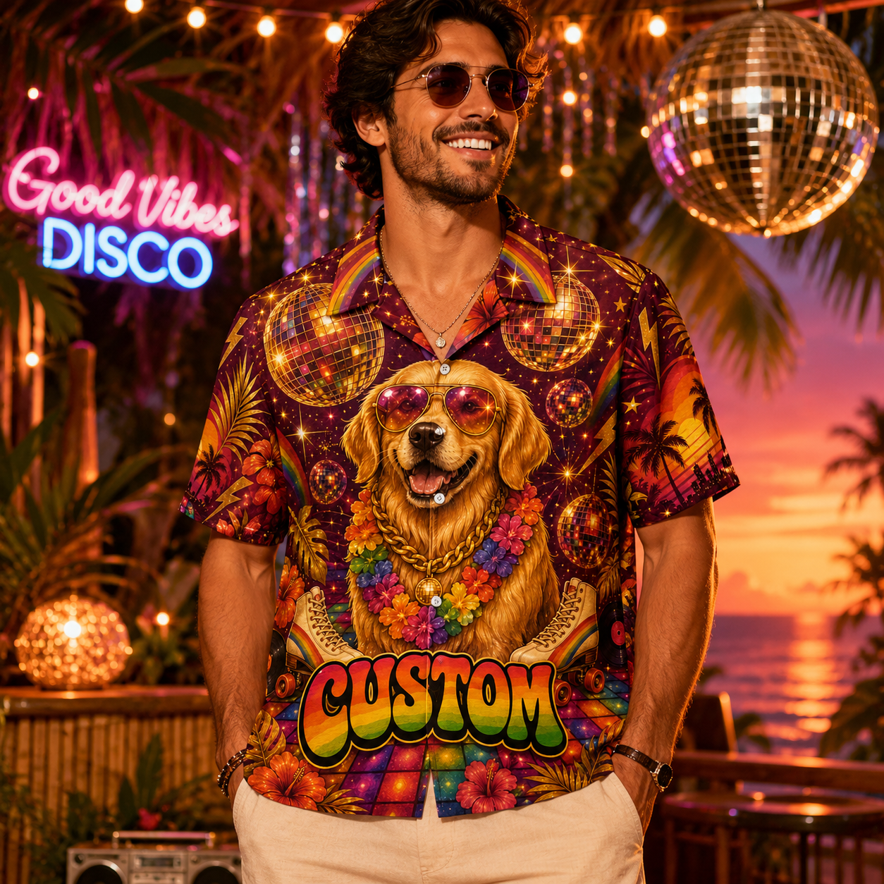 Custom Dog & Text Disco Hawaiian Shirt — Personalized 70s Groovy Roller Skate Aloha