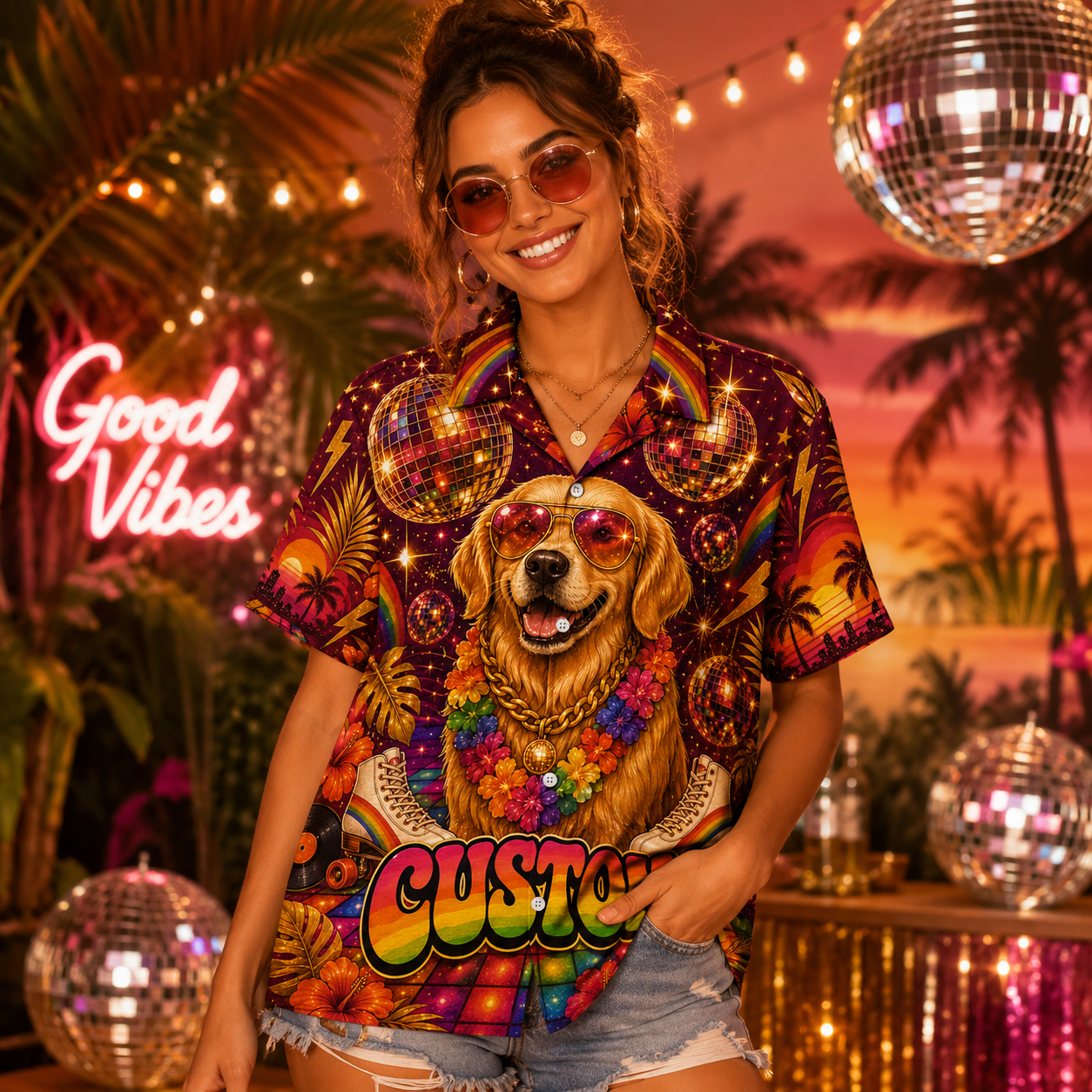 Custom Dog & Text Disco Hawaiian Shirt — Personalized 70s Groovy Roller Skate Aloha