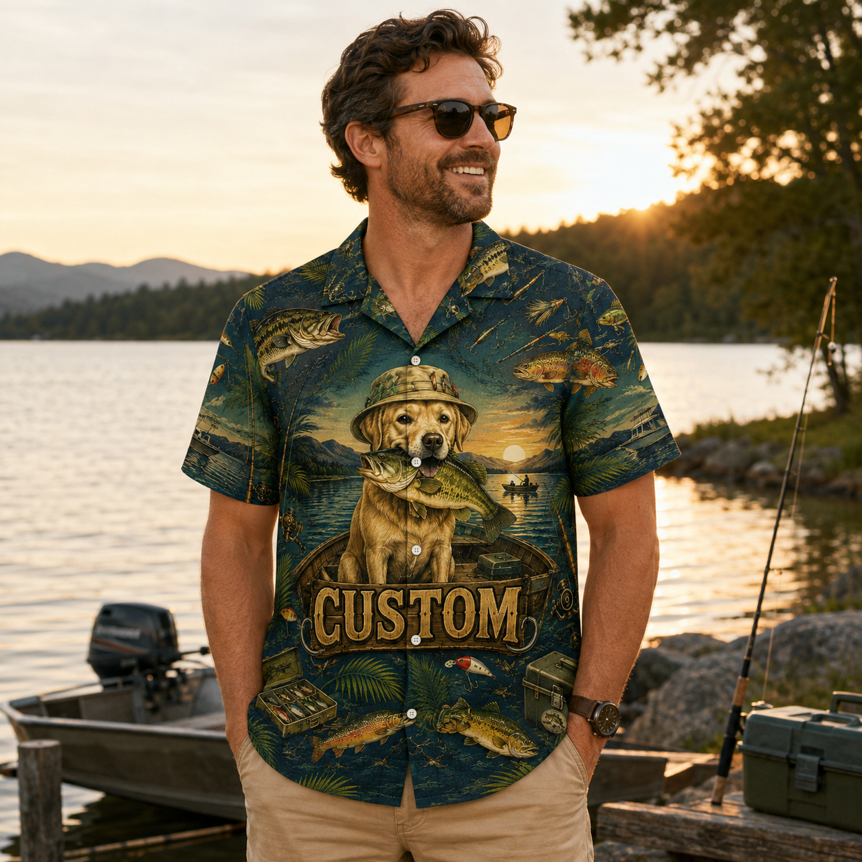 Custom Dog & Text Fishing Hawaiian Shirt — Personalized Lake Bass Angler Aloha