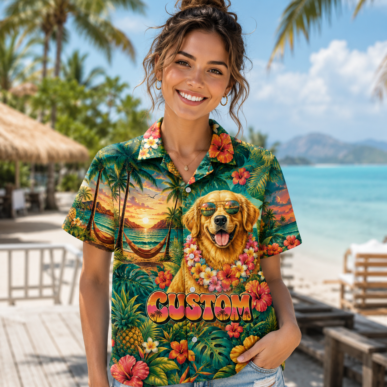 Custom Dog Text Tropical Paradise Hawaiian Shirt — Personalized Hibiscus Hammock Sunset Aloha