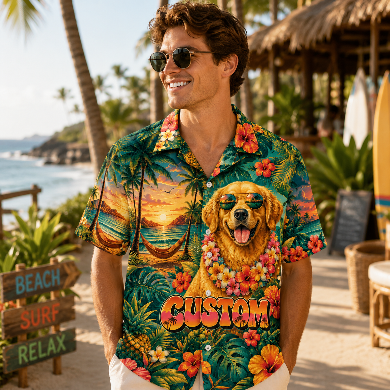 Custom Dog Text Tropical Paradise Hawaiian Shirt — Personalized Hibiscus Hammock Sunset Aloha