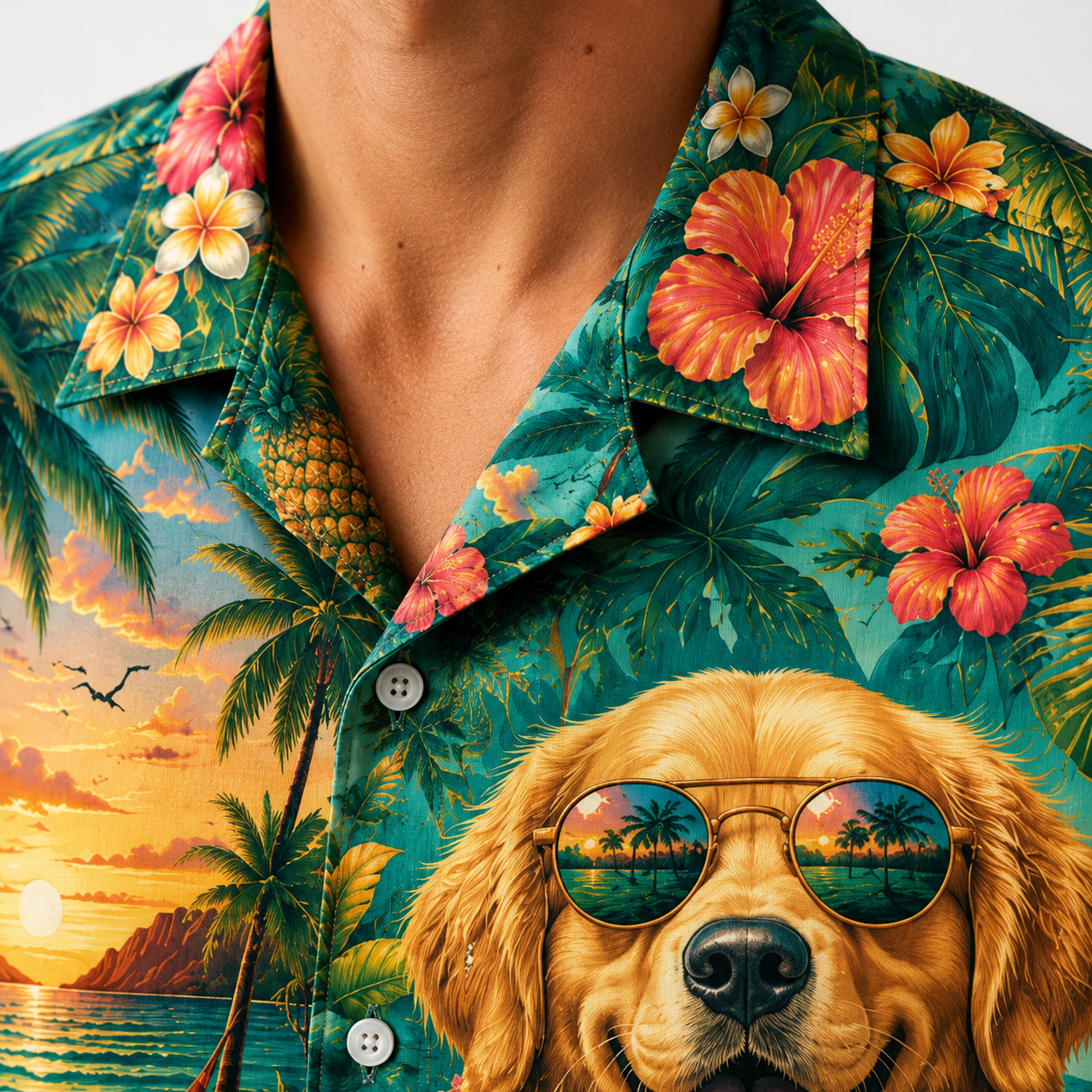 Custom Dog Text Tropical Paradise Hawaiian Shirt — Personalized Hibiscus Hammock Sunset Aloha