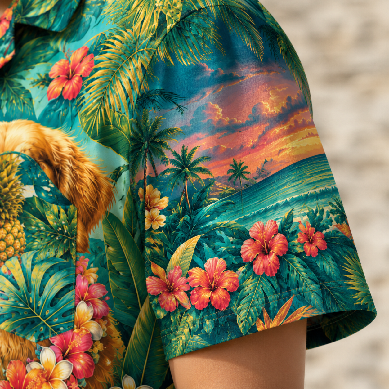 Custom Dog Text Tropical Paradise Hawaiian Shirt — Personalized Hibiscus Hammock Sunset Aloha
