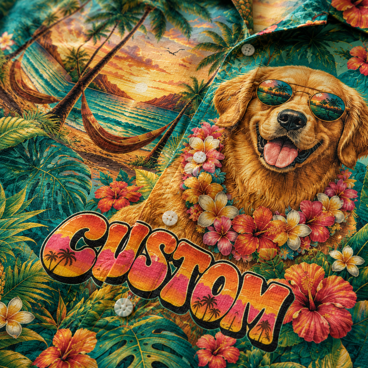 Custom Dog Text Tropical Paradise Hawaiian Shirt — Personalized Hibiscus Hammock Sunset Aloha