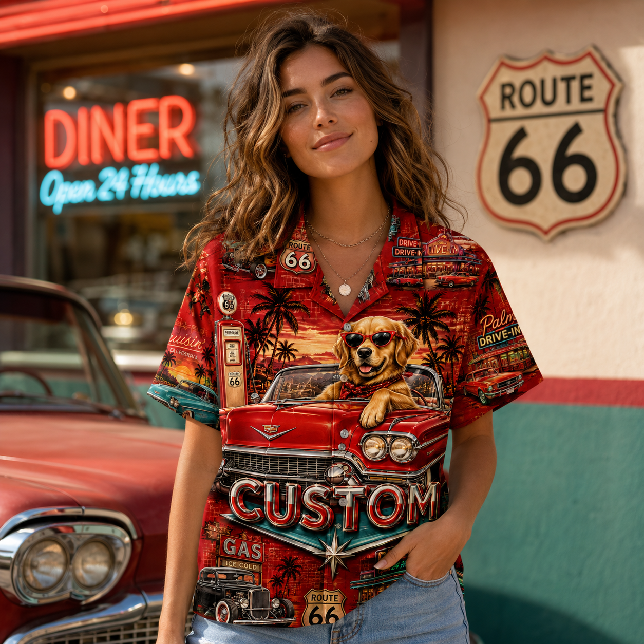 Custom Dog & Text Route 66 Hawaiian Shirt — Personalized Classic Car Vintage Diner Aloha