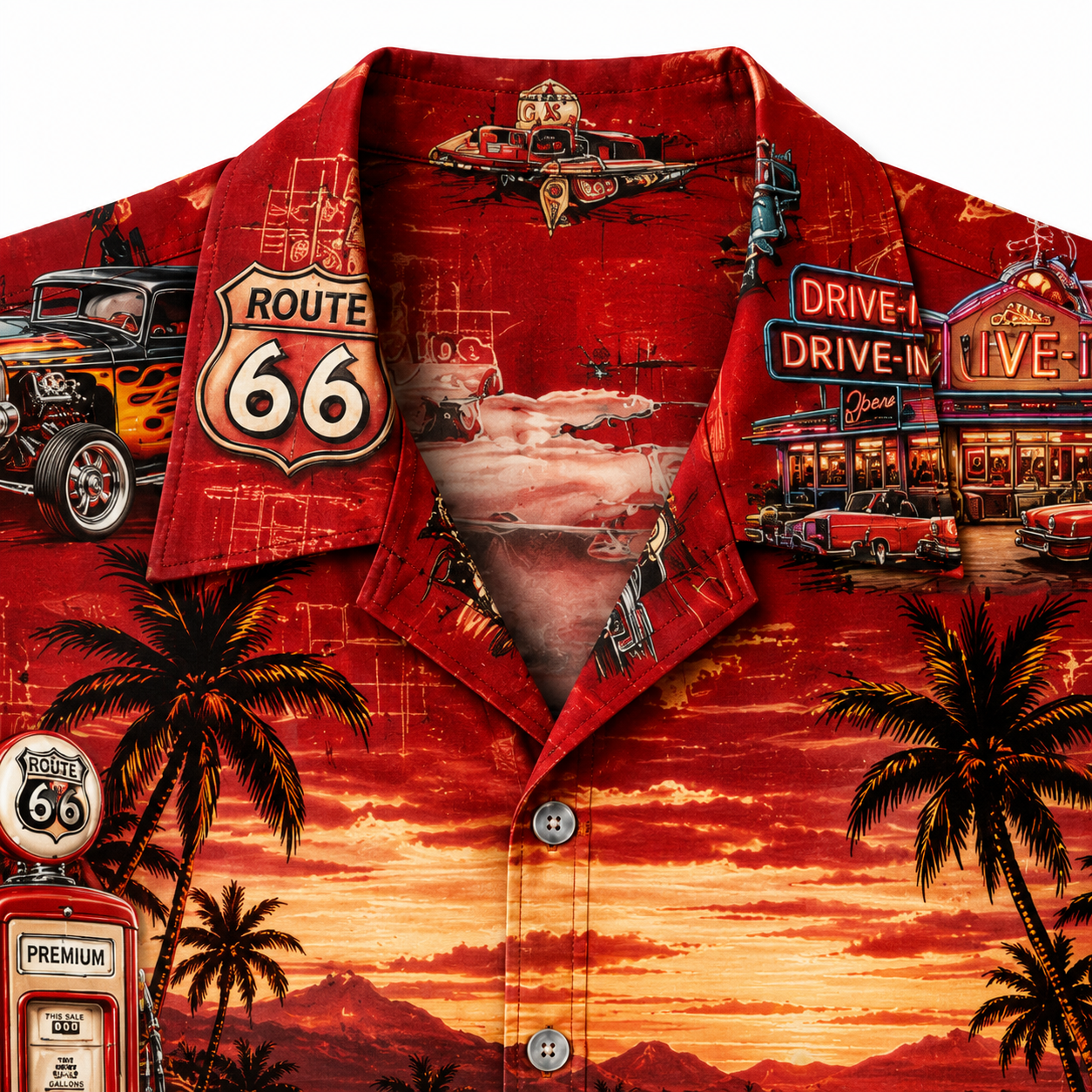 Custom Dog & Text Route 66 Hawaiian Shirt — Personalized Classic Car Vintage Diner Aloha