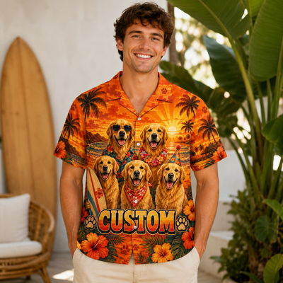 Custom Dog & Text Retro Beach Hawaiian Shirt — Personalized Vintage Surf Squad Sunset Aloha