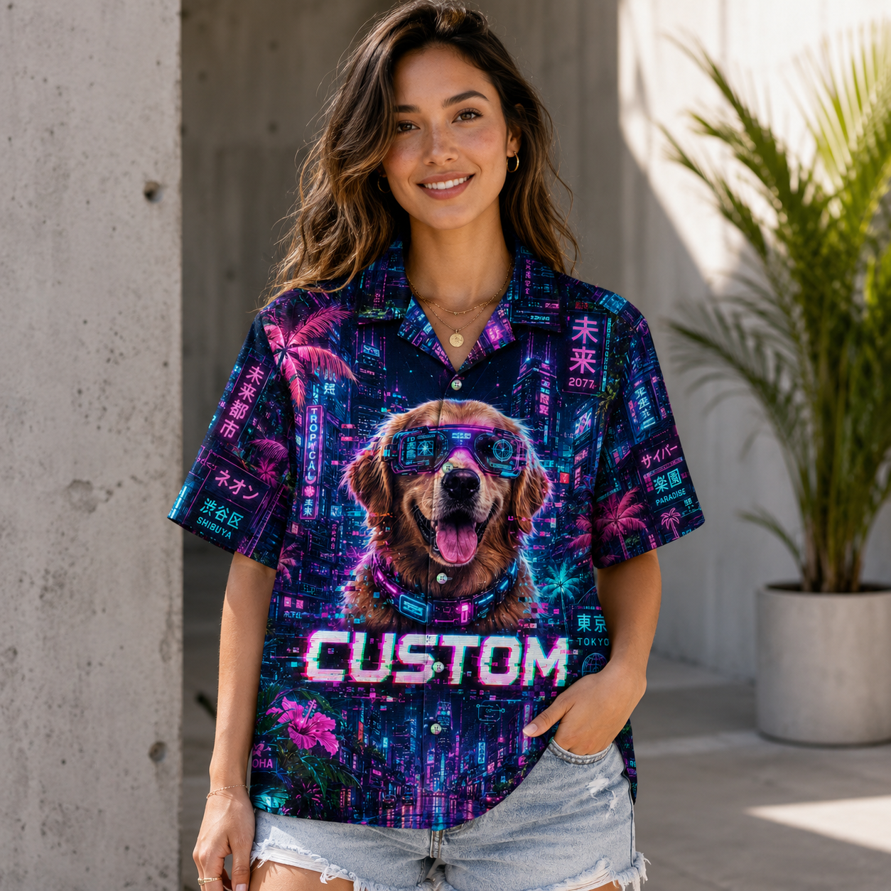 Custom Dog & Text Cyberpunk Hawaiian Shirt — Personalized Neon Tokyo Tropical Aloha