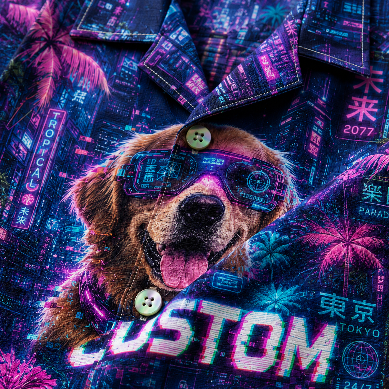 Custom Dog & Text Cyberpunk Hawaiian Shirt — Personalized Neon Tokyo Tropical Aloha