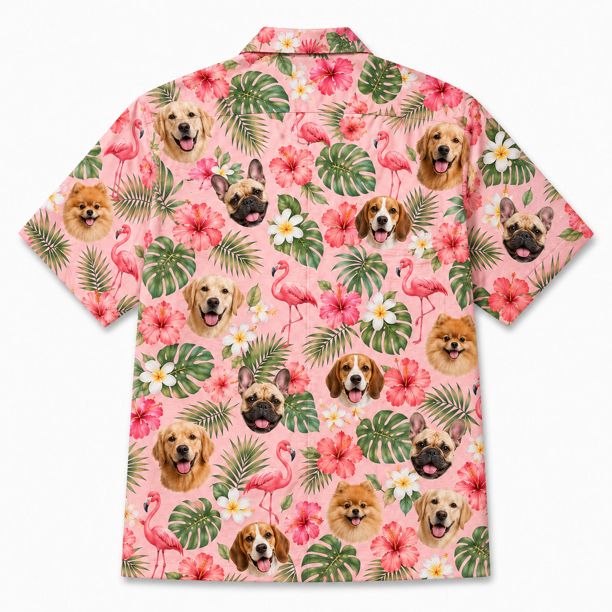 Custom Dog Face Hawaiian Shirt — Personalized Pink Flamingo  Tropical Pet Photo Aloha Shirt