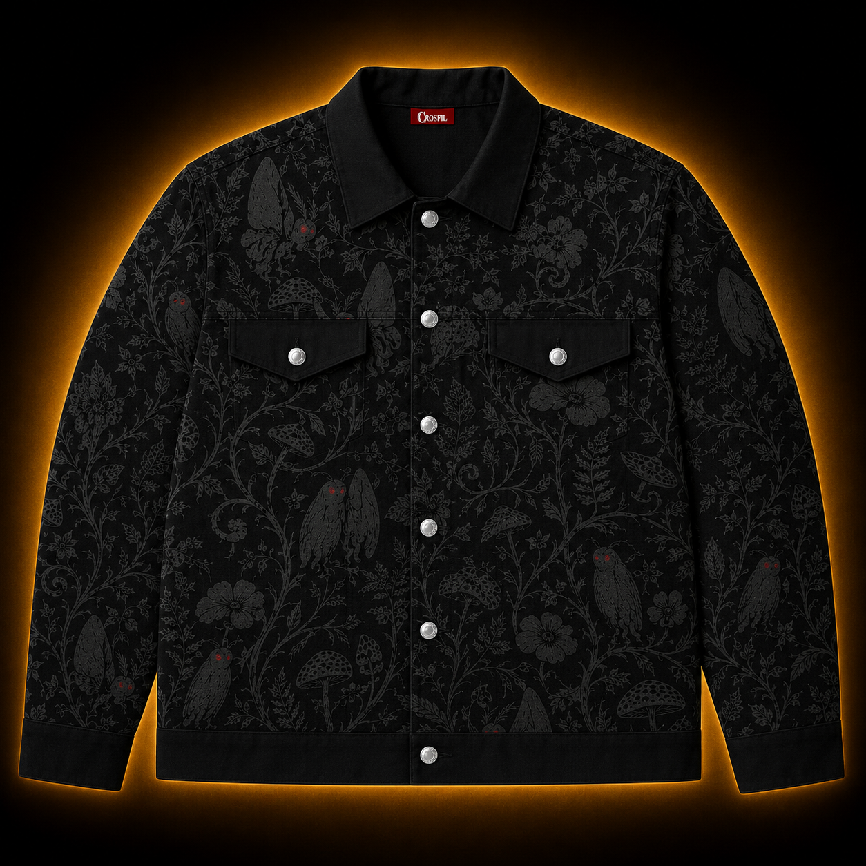Crosfil Mothman Damask Jacket — Black Gothic Botanical All-Over Print