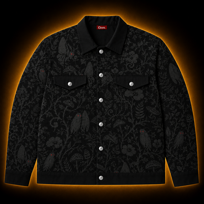 Crosfil Mothman Damask Jacket — Black Gothic Botanical All-Over Print