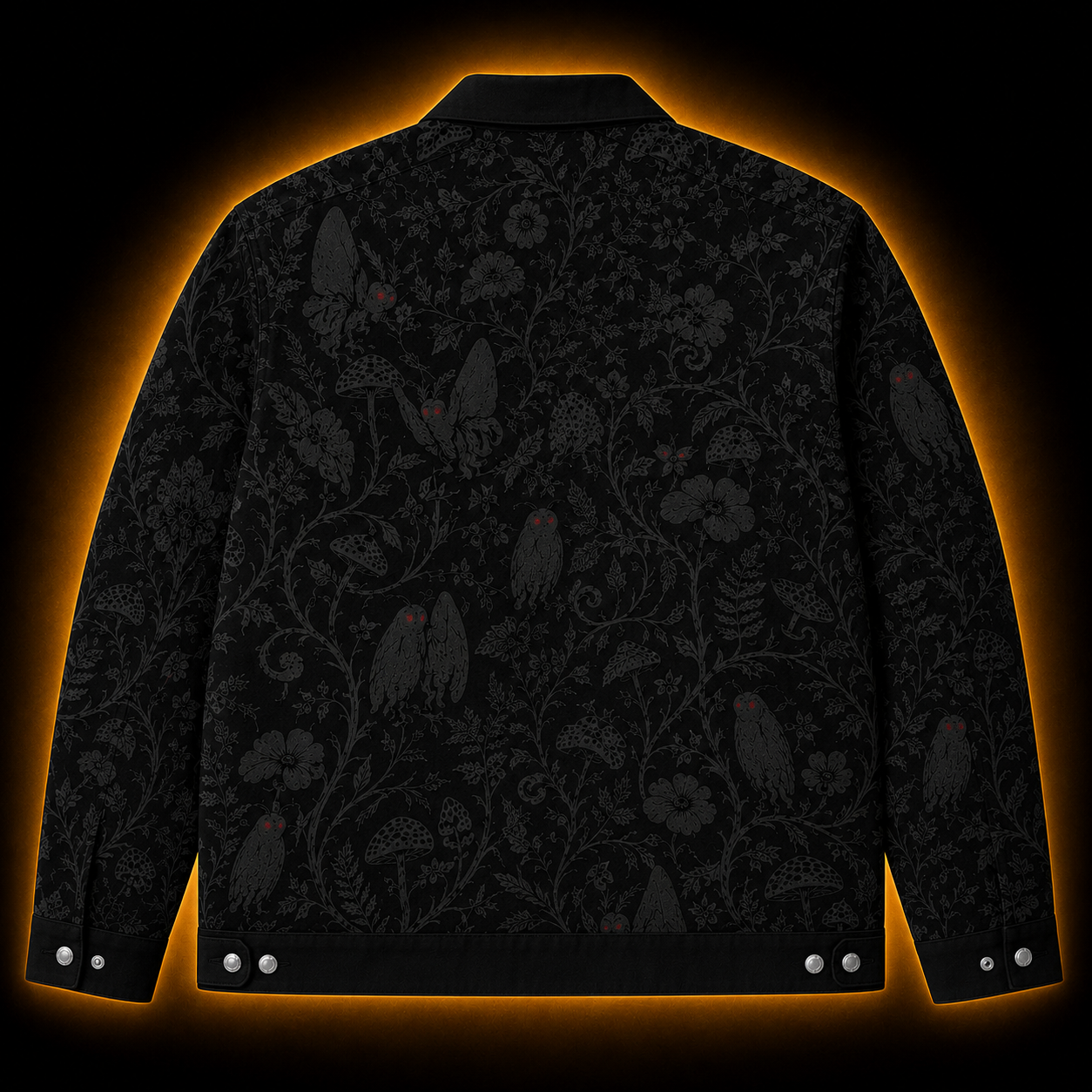 Crosfil Mothman Damask Jacket — Black Gothic Botanical All-Over Print