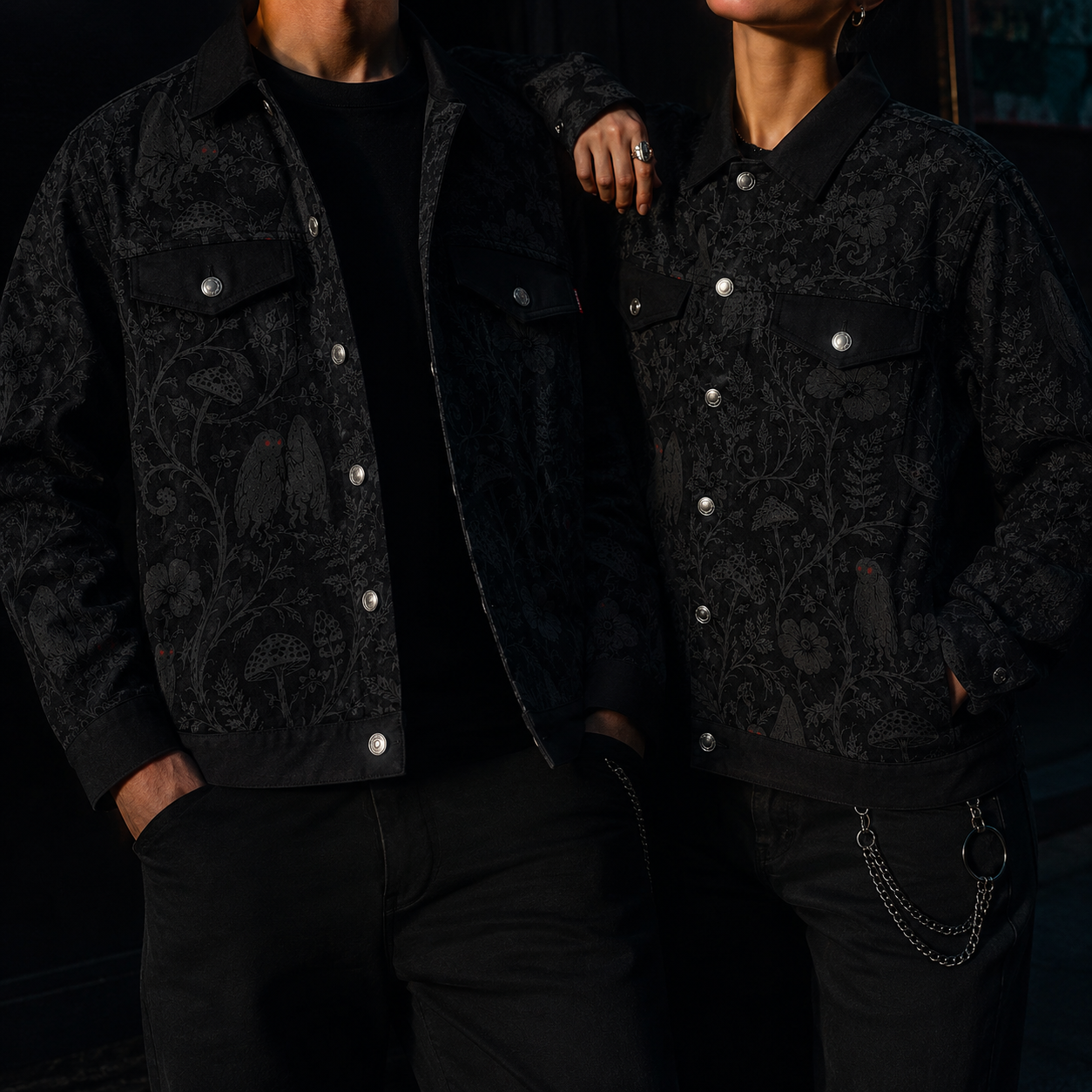 Crosfil Mothman Damask Jacket — Black Gothic Botanical All-Over Print