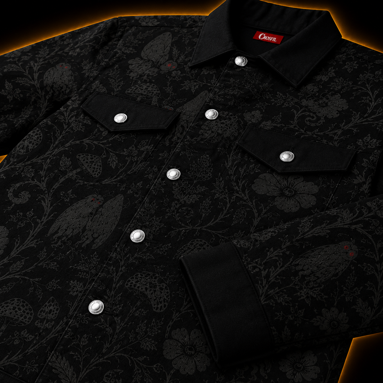 Crosfil Mothman Damask Jacket — Black Gothic Botanical All-Over Print