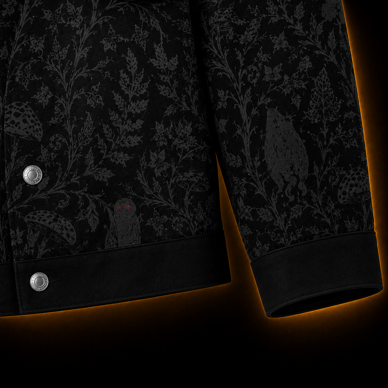 Crosfil Mothman Damask Jacket — Black Gothic Botanical All-Over Print