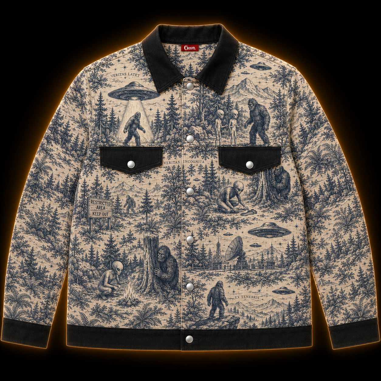 Crosfil Bigfoot Toile Jacket — Cryptid Forest All-Over Print