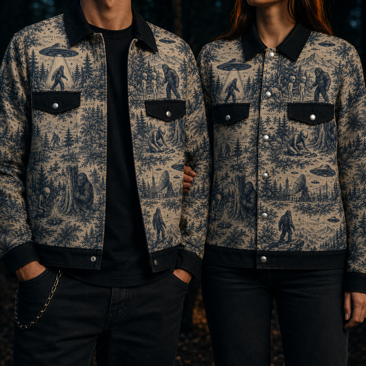 Crosfil Bigfoot Toile Jacket — Cryptid Forest All-Over Print