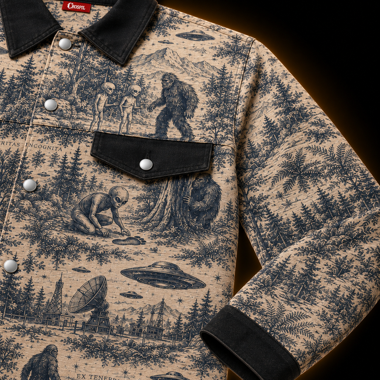 Crosfil Bigfoot Toile Jacket — Cryptid Forest All-Over Print