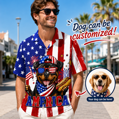 Custom Dog America Hawaiian Shirt —  4th of July Patriotic Dog Hot Dog Button-Up