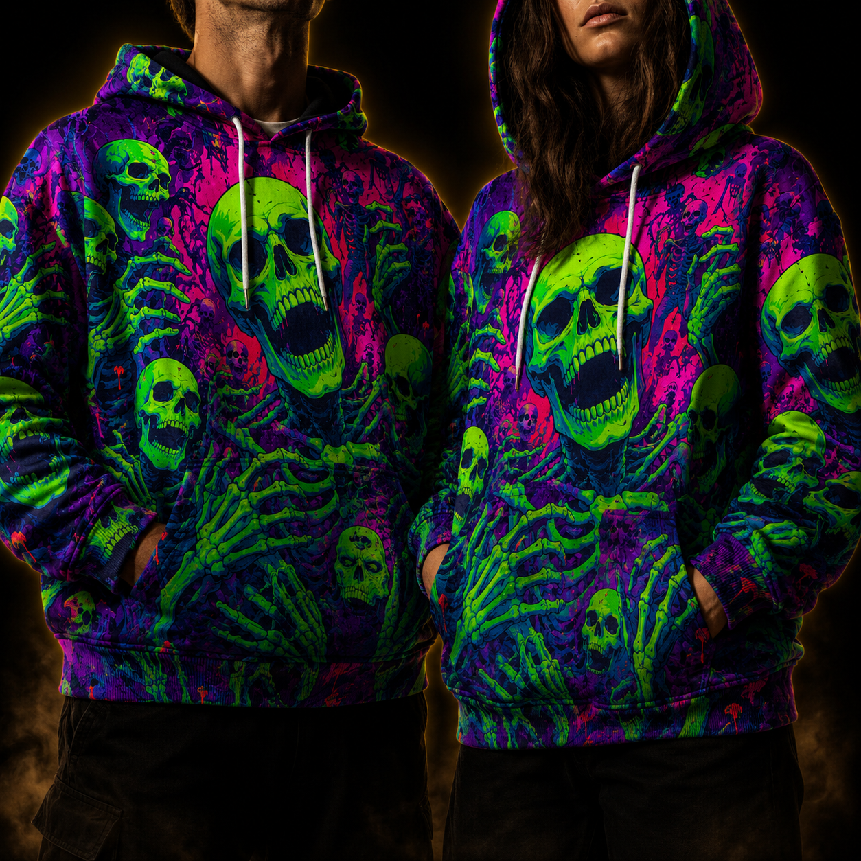 Crosfil Afterglow Hoodie — Blacklight Neon Skull All-Over Print