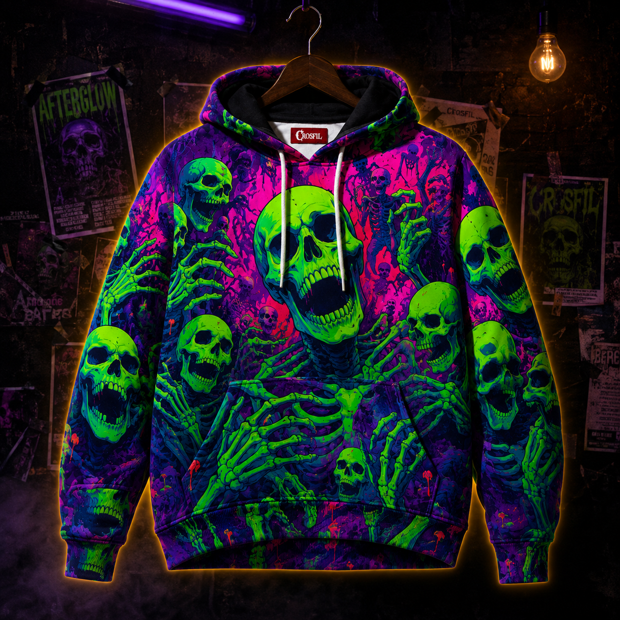 Crosfil Afterglow Hoodie — Blacklight Neon Skull All-Over Print