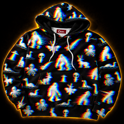 Crosfil Bad Footage Hoodie — Glitch Cryptid Bigfoot & Alien Print