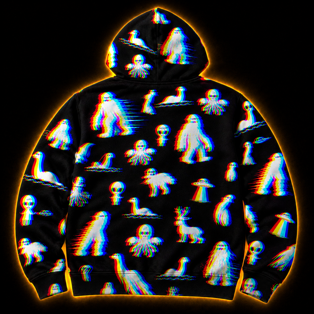 Crosfil Bad Footage Hoodie — Glitch Cryptid Bigfoot & Alien Print