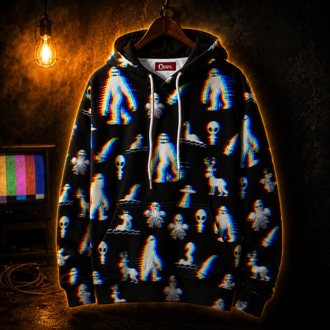 Crosfil Bad Footage Hoodie — Glitch Cryptid Bigfoot & Alien Print