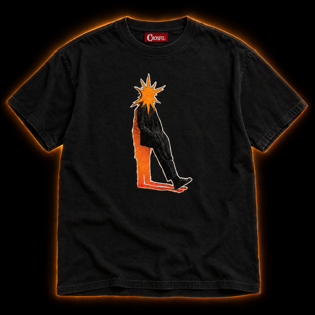 Burnout black T-shirt — starburst head collage art print