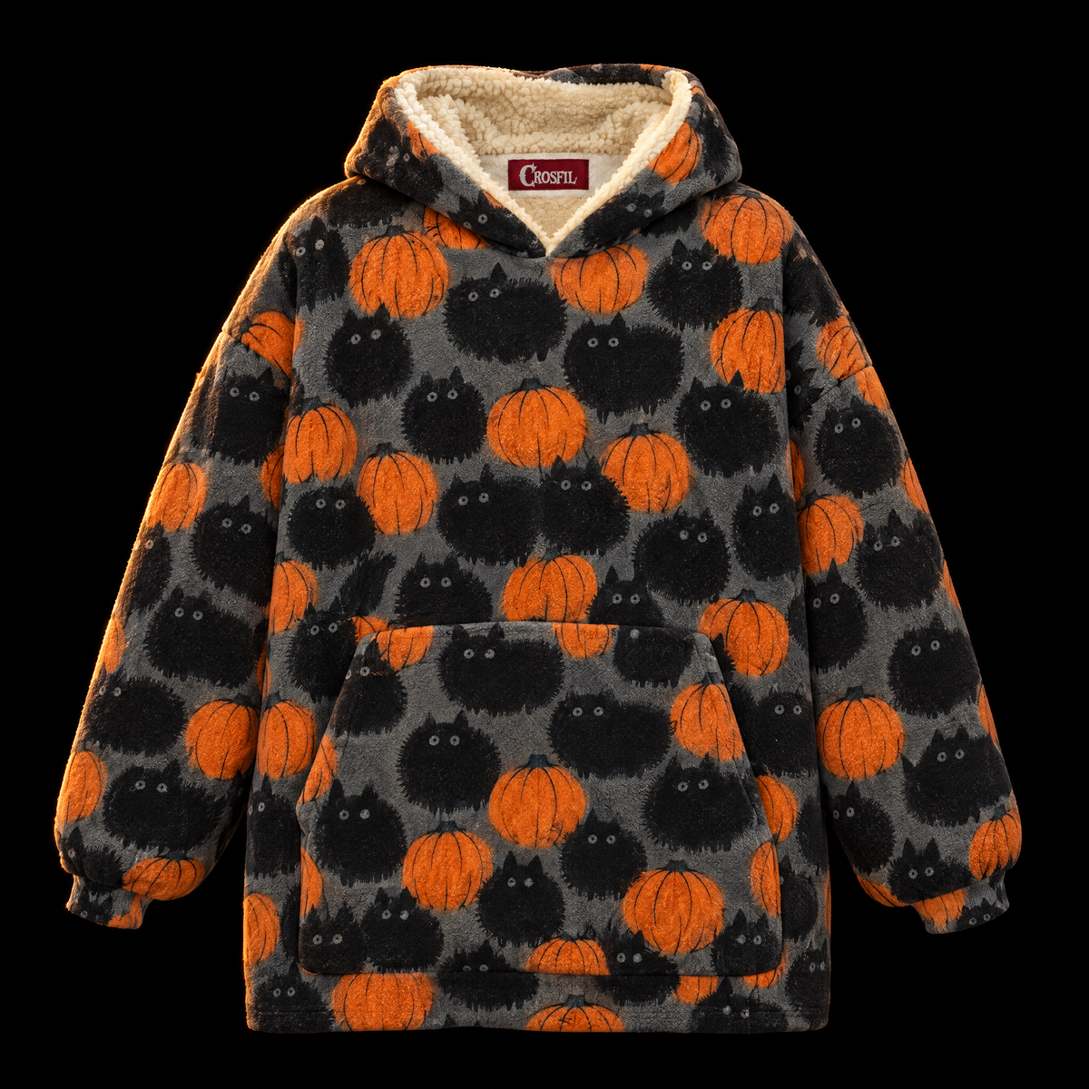 Pumpkin Patch Cats Unisex Hoodie Blanket — Fluffy Black Cats Print