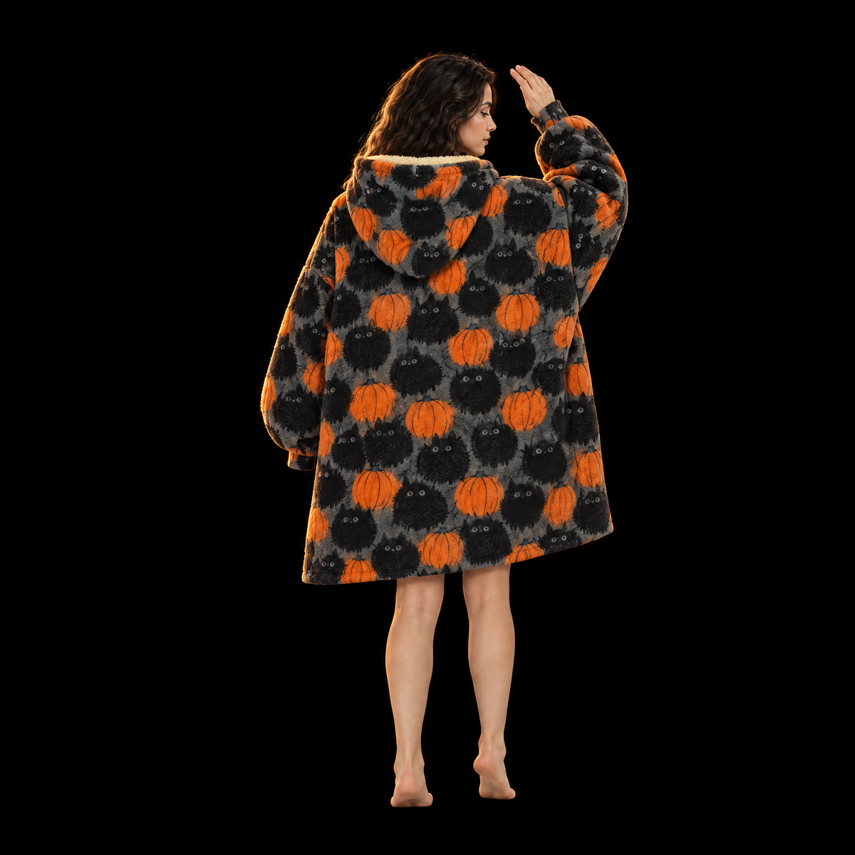 Pumpkin Patch Cats Unisex Hoodie Blanket — Fluffy Black Cats Print