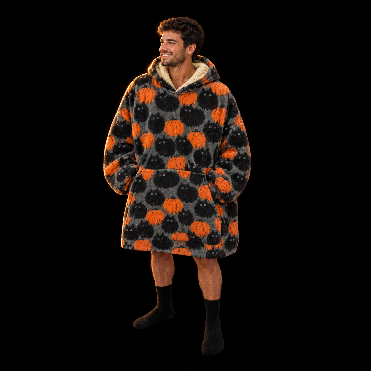 Pumpkin Patch Cats Unisex Hoodie Blanket — Fluffy Black Cats Print