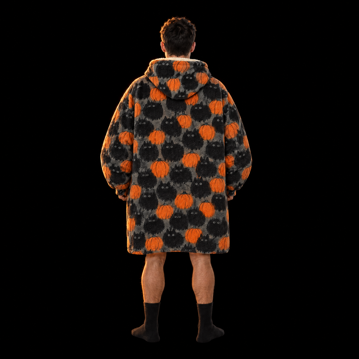 Pumpkin Patch Cats Unisex Hoodie Blanket — Fluffy Black Cats Print