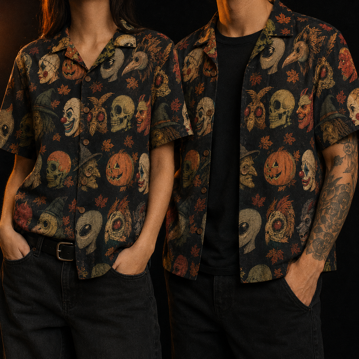 Crosfil The Costume Aisle Hawaiian Shirt — Vintage Halloween Mask Print