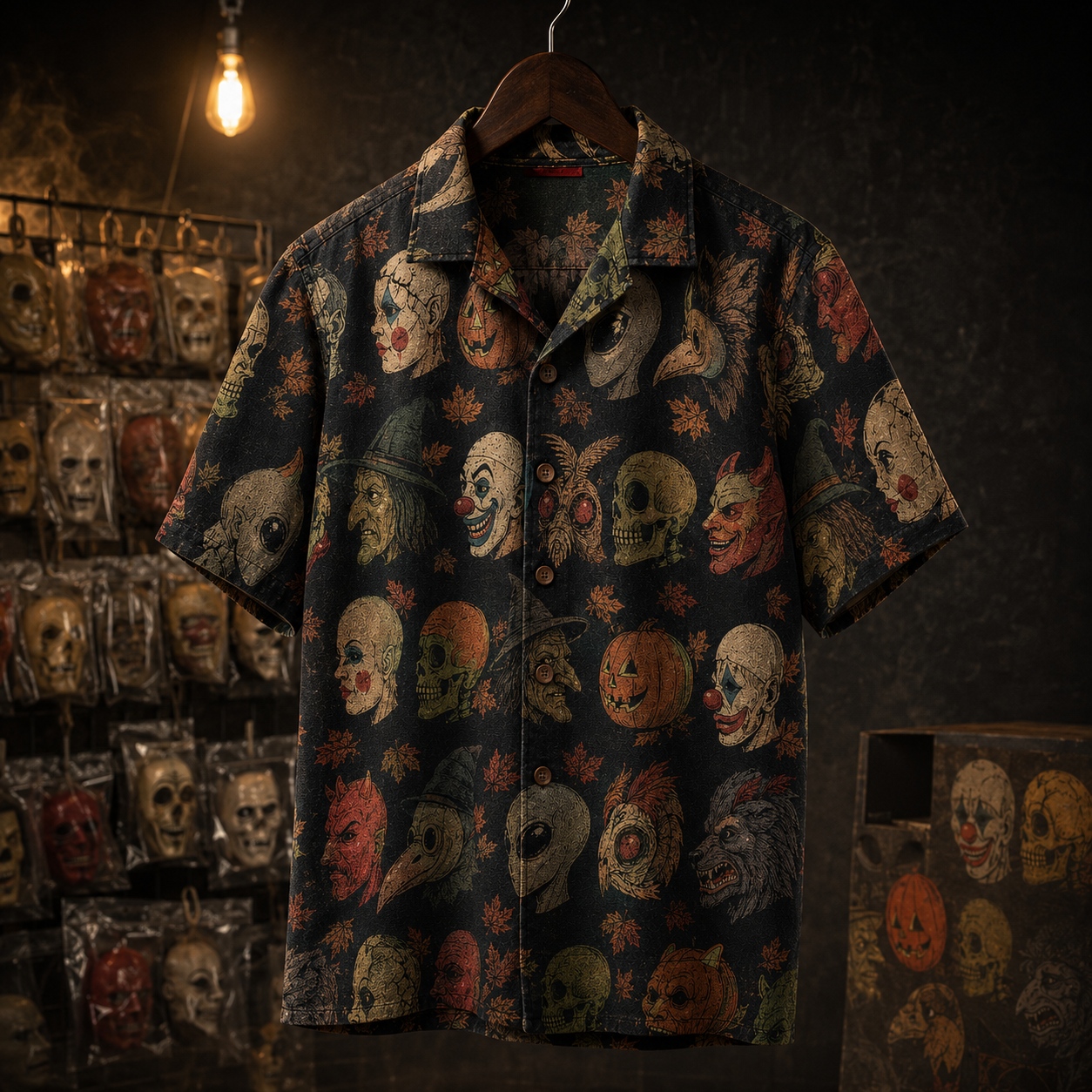 Crosfil The Costume Aisle Hawaiian Shirt — Vintage Halloween Mask Print