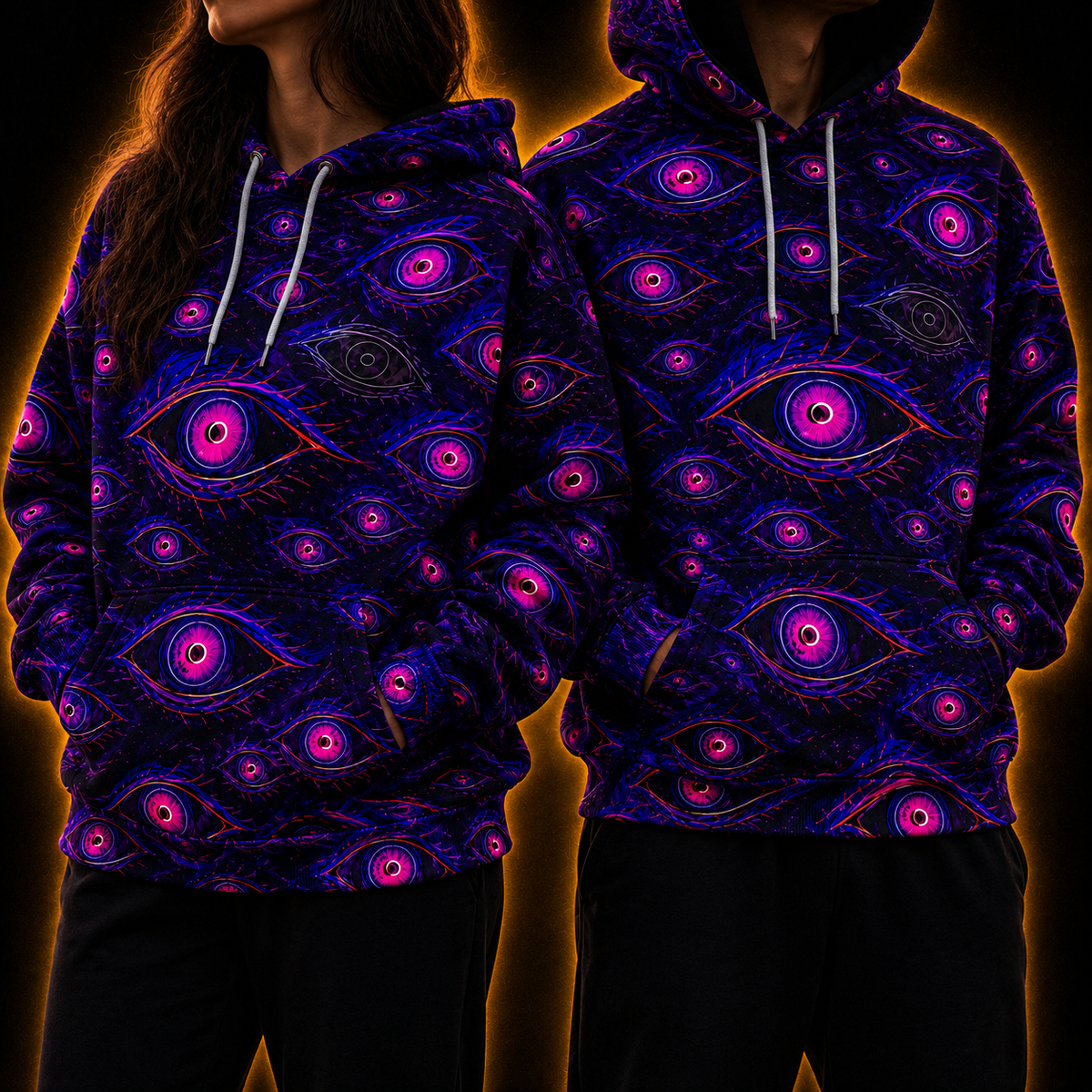 Crosfil Burnout Hoodie — Blacklight Neon Evil Eyes All-Over Print