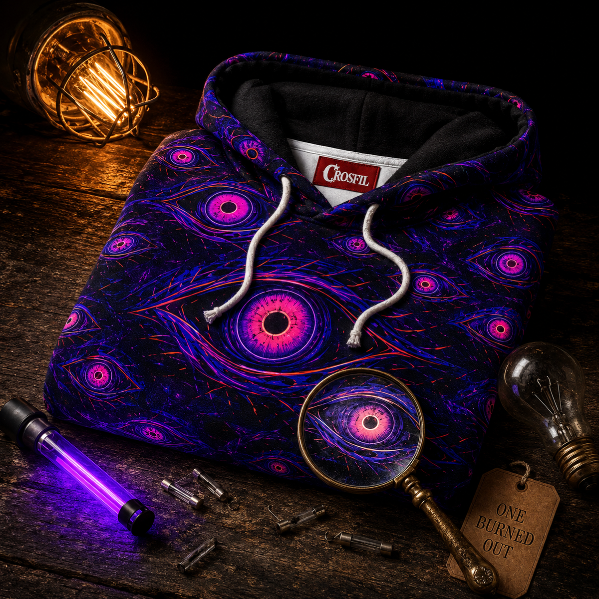 Crosfil Burnout Hoodie — Blacklight Neon Evil Eyes All-Over Print