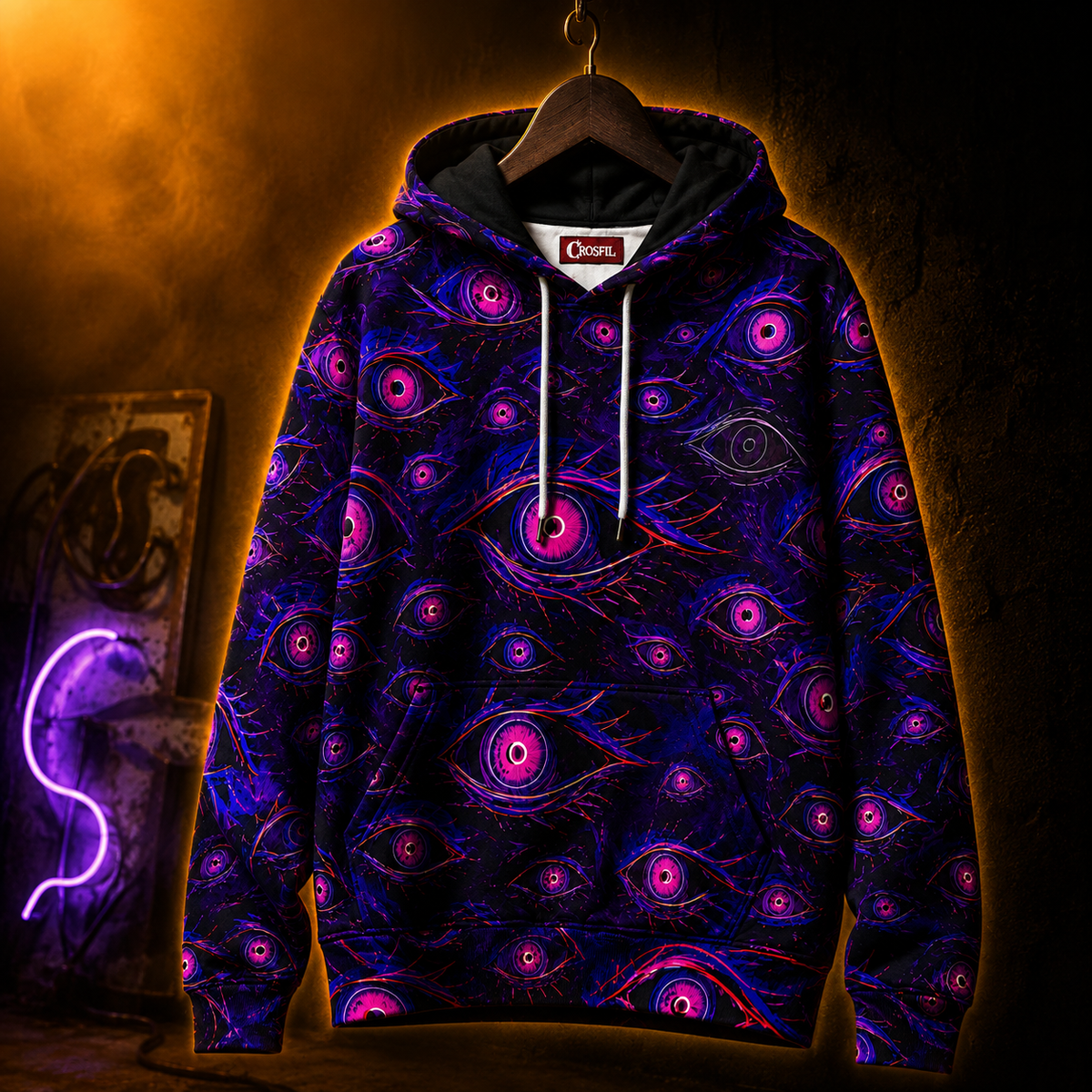 Crosfil Burnout Hoodie — Blacklight Neon Evil Eyes All-Over Print