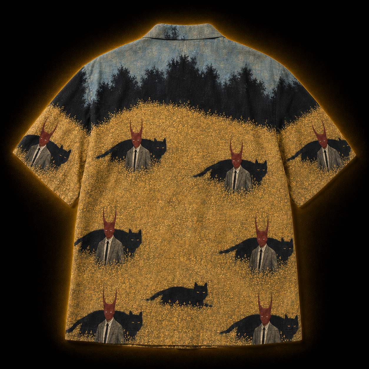 Crosfil Familiar Hawaiian Shirt — Folk Horror Black Cat Print
