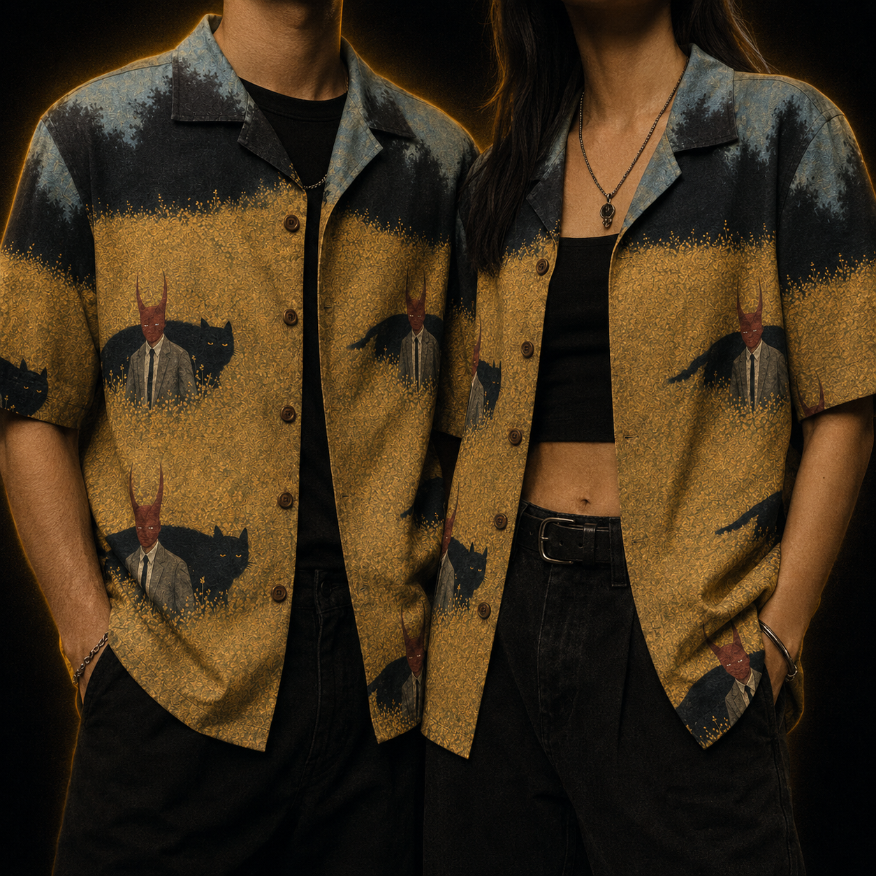 Crosfil Familiar Hawaiian Shirt — Folk Horror Black Cat Print