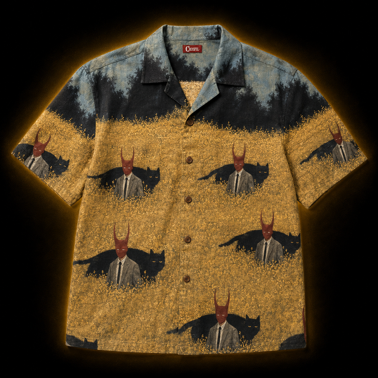 Crosfil Familiar Hawaiian Shirt — Folk Horror Black Cat Print